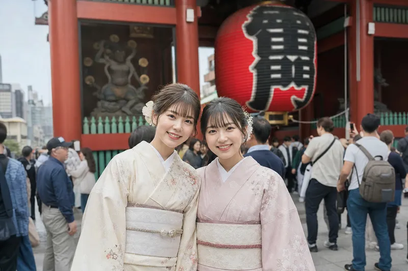 Reisende im Kimono in Asakusa bei Wakana