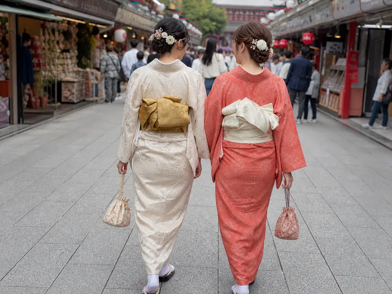 Reisende im Kimono in Asakusa bei Wakana