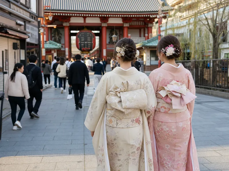 Reisende im Kimono in Asakusa bei Wakana