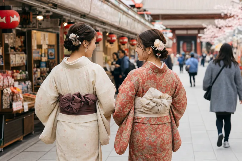 Reisende im Kimono in Asakusa bei Wakana