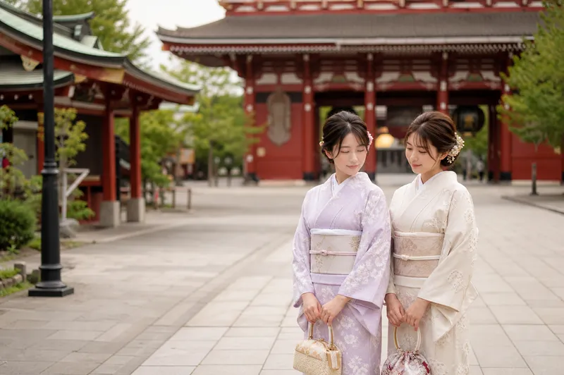 Reisende im Kimono in Asakusa bei Wakana