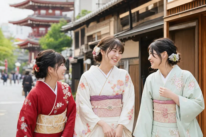 Reisende im Kimono in Asakusa bei Wakana