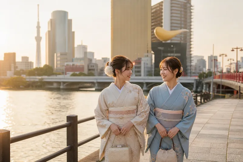 Reisende im Kimono in Asakusa bei Wakana